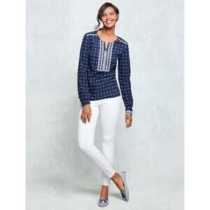 Talbots Eyelet Embroidered Blouse Women’s 3X Navy White Coastal Preppy Americana